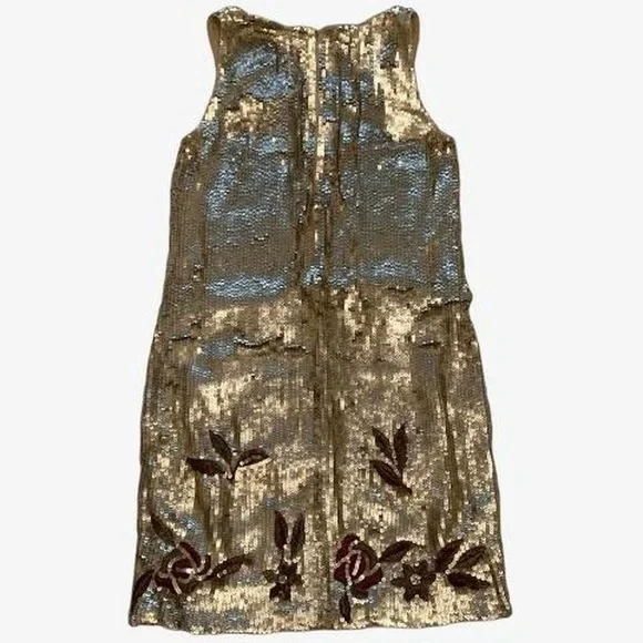 BIBA Vintage Gold Sequin Shift Dress with Floral Embroidery - Picture 3 of 10